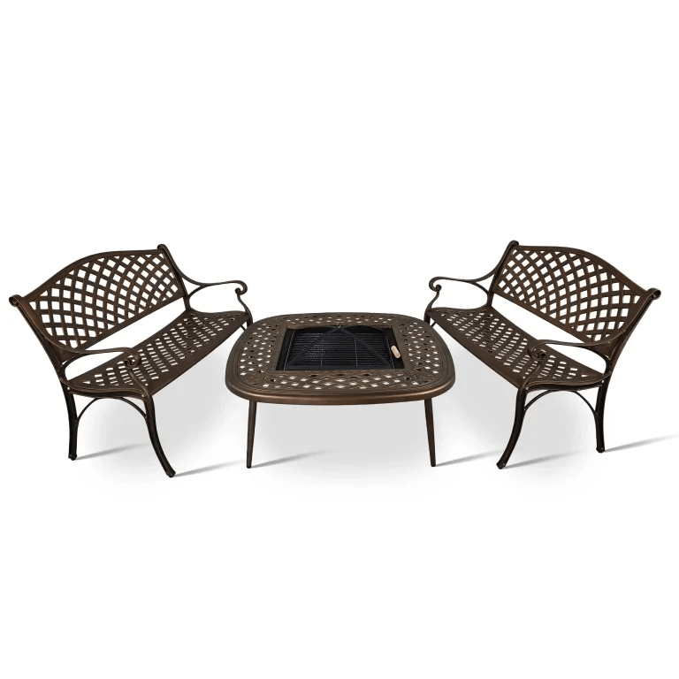2 lattice bench with 105cm square firepit a table